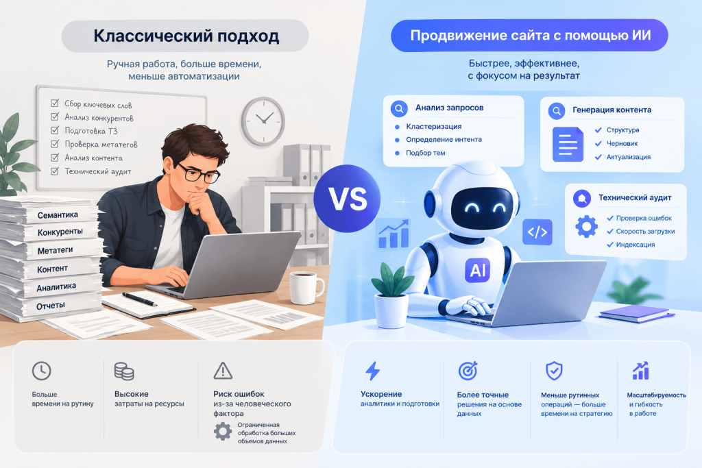 Сравнение: классический подход vs. продвижение сайта с помощью ИИ